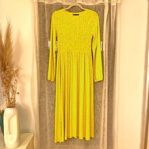 Zara Yellow & Black Polka Dot Smocked Midi Dress